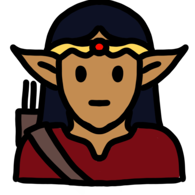 An elf with light brown skin, straight black hair, and a neutral expression, wearing a red tunic, brown leather archery quiver, and gold circlet with a red gem.